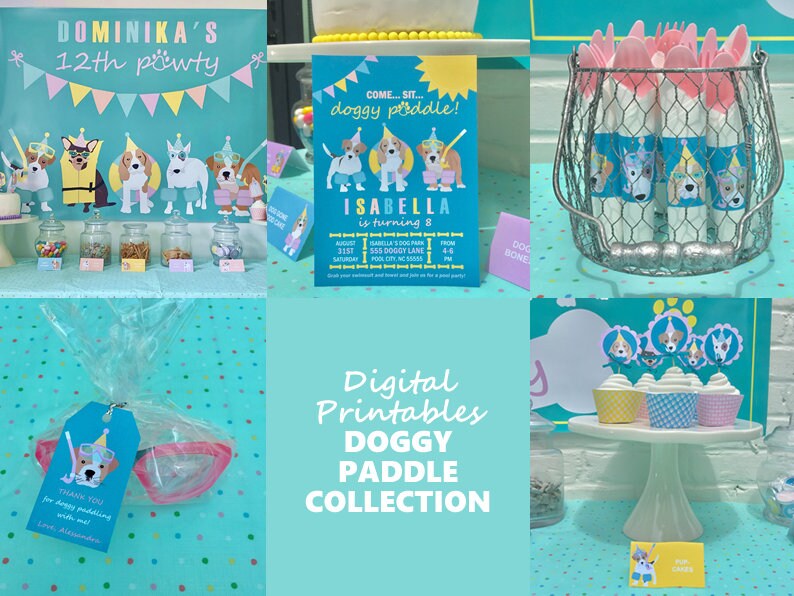 Puede incluir: Una colecci&oacute;n de imprimibles digitales para una fiesta con tem&aacute;tica de doggy paddle. La colecci&oacute;n incluye una invitaci&oacute;n de fiesta, adornos para cupcakes, etiquetas de regalo y una pancarta. Los colores son azul, rosa, amarillo y blanco. El dise&ntilde;o presenta perros de dibujos animados con gafas de sol y sombreros de fiesta.