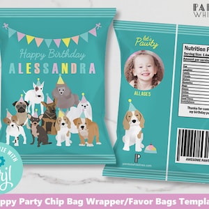 May include: A teal blue chip bag wrapper template with a puppy party theme. The front of the bag features a colourful banner with the text "Happy Birthday ALESSANDRA". The back of the bag has a nutrition facts label and the text "Let's Pawty".