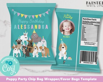 May include: A teal blue chip bag wrapper template with a puppy party theme. The front of the bag features a colorful banner with the text "Happy Birthday ALESSANDRA". The back of the bag has a nutrition facts label and the text "Let's Pawty".