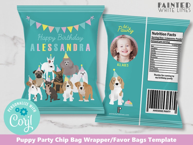 May include: A teal blue chip bag wrapper template with a puppy party theme. The front of the bag features a colorful banner with the text "Happy Birthday ALESSANDRA". The back of the bag has a nutrition facts label and the text "Let's Pawty".