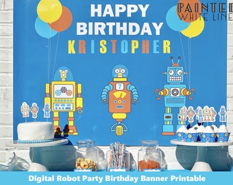 Op de afbeelding: Een bedrukbare verjaardagsbord voor een robot-thema feest, in de kleuren blauw en geel. De tekst "Happy Birthday Kristopher" staat op de banner, samen met de woorden "Painted White Lines" in de rechterbovenhoek. De banner toont drie robots, ballonnen en een taart.
