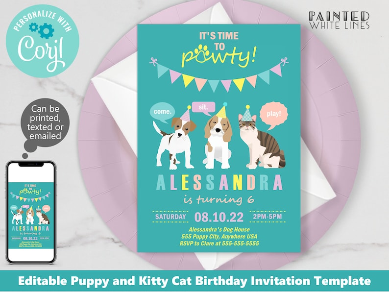 Adopt a Pet Birthday Party Invitation Template Editable Print Text Email Pet Birthday Invite Pet Adoption Party Invites Pet Pawty Corjl PWL4 image 1
