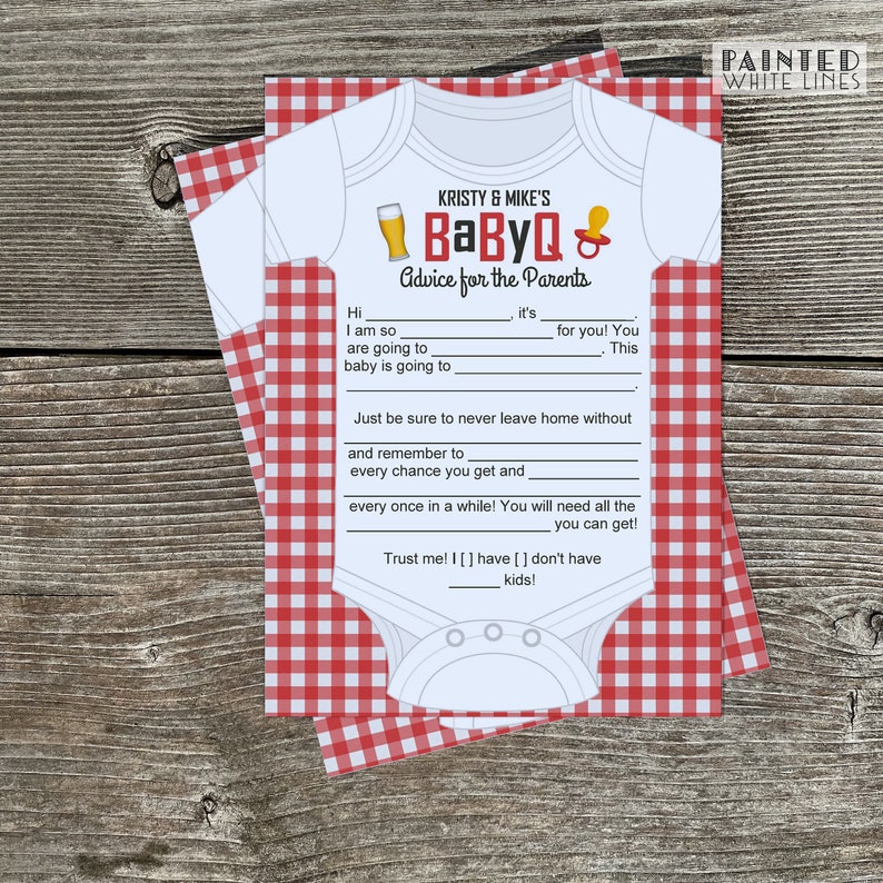 May include: A red and white gingham baby shower advice card with a white onesie and the text "KRISTY & MIKE'S BaByQ Advice for the Parents".