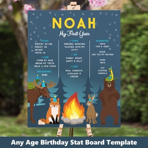 Puede incluir: Una plantilla de tablero de estad&iacute;sticas de cumplea&ntilde;os azul marino con el nombre "Noah" en amarillo. El tablero incluye estad&iacute;sticas, favoritos y secciones "Puedo" y "Me gusta", junto con animales de dibujos animados y una ilustraci&oacute;n de fogata. El texto "Any Age Birthday Stat Board Template" est&aacute; en la parte inferior.