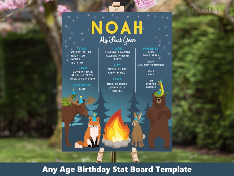 Puede incluir: Una plantilla de tablero de estad&iacute;sticas de cumplea&ntilde;os azul marino con el nombre "Noah" en amarillo. El tablero incluye estad&iacute;sticas, favoritos y secciones "Puedo" y "Me gusta", junto con animales de dibujos animados y una ilustraci&oacute;n de fogata. El texto "Any Age Birthday Stat Board Template" est&aacute; en la parte inferior.