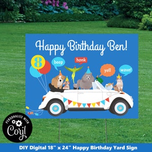 Pu&ograve; includere: Un cartello da giardino blu e bianco per un felice 8&deg; compleanno con un'auto bianca e diversi animali al suo interno. Il cartello dice "Buon compleanno Ben!" e ha un palloncino con il numero 8 in colori rosso, blu e giallo.
