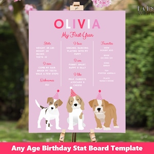 Puede incluir: Un gr&aacute;fico de cumplea&ntilde;os imprimible rosa y blanco para una ni&ntilde;a llamada Olivia. El gr&aacute;fico incluye estad&iacute;sticas como el peso, la altura y las cosas que puede hacer, as&iacute; como sus cosas favoritas. El gr&aacute;fico est&aacute; decorado con lindos perros de dibujos animados que llevan sombreros de fiesta.