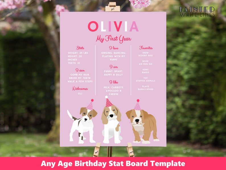 Puede incluir: Un gr&aacute;fico de cumplea&ntilde;os imprimible rosa y blanco para una ni&ntilde;a llamada Olivia. El gr&aacute;fico incluye estad&iacute;sticas como el peso, la altura y las cosas que puede hacer, as&iacute; como sus cosas favoritas. El gr&aacute;fico est&aacute; decorado con lindos perros de dibujos animados que llevan sombreros de fiesta.