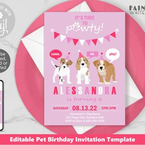 Kids Puppy Birthday Party Invite Template File Girl Paw-ty Kid Birthday Invite Girls Puppy Invitation Pawty Birthday Invite Corjl PWL20