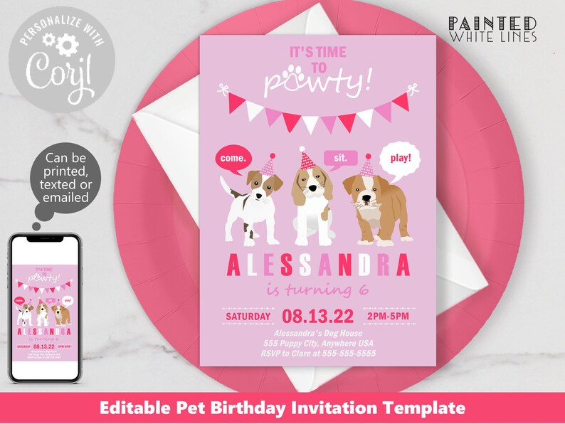 May include: A pink and purple pet birthday party invitation template with a paw print graphic and the text "It's time to pawty!"  The invitation features three cartoon dogs wearing party hats and the text "Alessandra is turning 6".