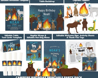 Kids Bonfire Birthday Party Printables Package S'mores Party Campfire Boy Modern Woodland Animals Printable Corjl Editable Templates PWLCF