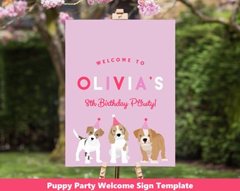 Puede incluir: Un cartel de bienvenida rosa con el texto "Welcome to Olivia's 8th Birthday Pawty!" y tres cachorros de dibujos animados con sombreros de fiesta.