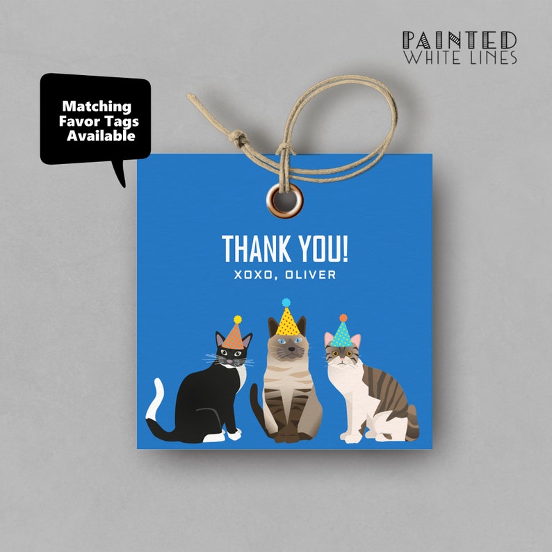 May include: Blue thank you tag featuring three cats wearing party hats. The text reads "Thank You! xoxo, Oliver".