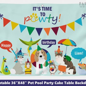 Può includere: Sfondo per tavolo da torta per feste in piscina per animali domestici stampabile da 91,44 cm x 121,92 cm con sfondo blu e festoni colorati. Lo sfondo presenta una varietà di animali, tra cui un cane, un gatto, un coniglio, una cavia, un topo e un pappagallo. Il testo "It's Time to Pawty!" è in cima allo sfondo. Il testo "Happy Birthday" è in una bolla di dialogo e il testo "Liam!" è in una bolla di dialogo.