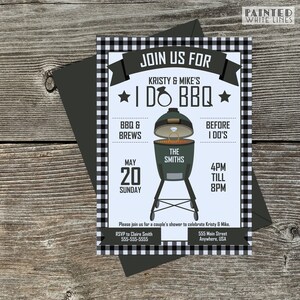May include: A black and white checkered invitation for a couple's shower with the text "Join us for Kristy & Mike's I Do BBQ" and a green grill with a diamond ring inside. The invitation includes the date "May 20, Sunday", the time "4pm till 8pm", and the text "BBQ & Brews" and "Before I Do's".