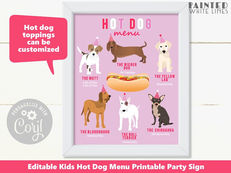 K&ouml;nnte beinhalten: Druckbarer Party-Schilder mit rosa Hintergrund und wei&szlig;en Linien. Das Schild zeigt eine Hotdog-Speisekarte mit verschiedenen Hunderassen, die als Hotdogs verkleidet sind. Jeder Hund hat einen Namen und einen Topping-Vorschlag. Der Text oben lautet "Hot Dog Menu". Der Text unten lautet "Editierbares Kinder-Hotdog-Men&uuml;, druckbarer Party-Schilder".