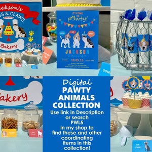 May include: A digital collection of pawty animals for a birthday party. The collection includes a sign that says "Jackson's Paws & Claws Bakery", a party invitation, cupcakes with dog toppers, and a basket of favors with dog-themed wrappers. The text on the sign says "Digital Pawty Animals Collection. Use link in Description or search PWL5 in my shop to find these and other coordinating items in this collection!"