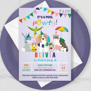May include: Purple invitation with colorful cartoon animals wearing pool party accessories. The text reads "It's a Pool Pawty! Olivia is turning 6. April 23rd Saturday. Olivia's Pet Park 555 Pool Lane Pool City, Anywhere USA. From 4-6 PM. Grab your swimsuit and towel and join us for a pool party! RSVP to Clare at 555-555-5555"