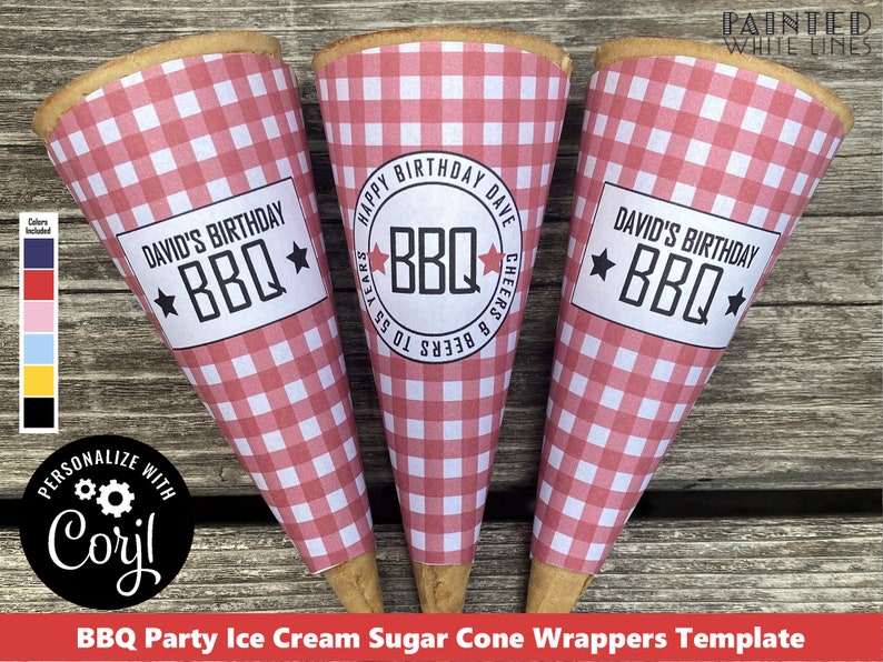 Pu&ograve; includere: Tre involucri per coni gelato a quadri rossi e bianchi con il testo "David's Birthday BBQ" e "Happy Birthday Dave Cheers to Beers & BBQ Years" stampato su di essi.