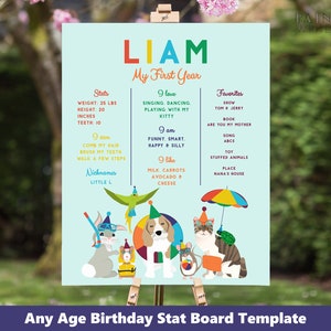 May include: A blue and green printable birthday chart for a child named Liam. The chart includes stats like weight, height, and teeth, as well as things Liam loves, likes, and favourites. The chart is decorated with colourful illustrations of animals and a beach scene.