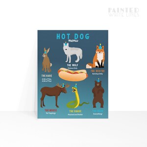 May include: A blue and white illustrated menu for a hot dog stand. The menu features different animals wearing party hats and lists the toppings they prefer for their hot dogs. The animals include a hare, wolf, red fox, moose, snake, and bear.
