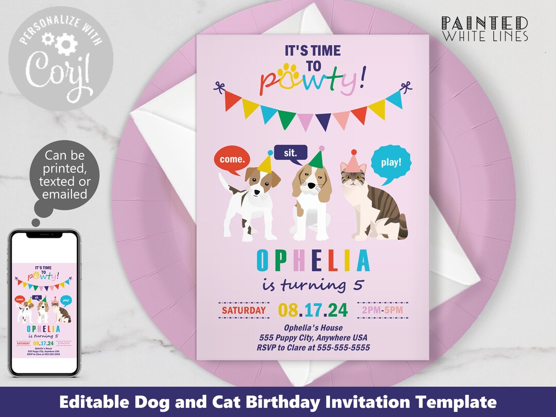 Adopt a Pet Birthday Party Invitation Corjl Template Print Text Email ...