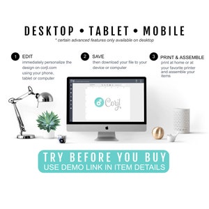 May include: A computer screen displaying a design template with the text "Cory!" in a light blue font. The screen is on a desk with a lamp, a succulent plant, and a gold decorative sphere. The text "DESKTOP TABLET MOBILE" is at the top of the image. The text "TRY BEFORE YOU BUY USE DEMO LINK IN ITEM DETAILS" is at the bottom of the image.