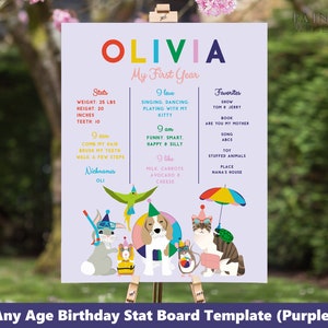 May include: A purple printable birthday chart for a child named Olivia. The chart includes information about Olivia's first year, including her weight, height, and favorite things. The chart is decorated with colorful illustrations of animals and a rainbow umbrella.