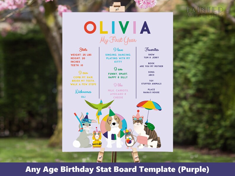 May include: A purple printable birthday chart for a child named Olivia. The chart includes information about Olivia's first year, including her weight, height, and favorite things. The chart is decorated with colorful illustrations of animals and a rainbow umbrella.