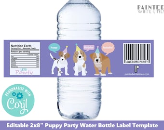 Puppy Party Water Bottle Wraps Template Printable Editable Label Birthday Decor Instant Download Dog Digital PWL25