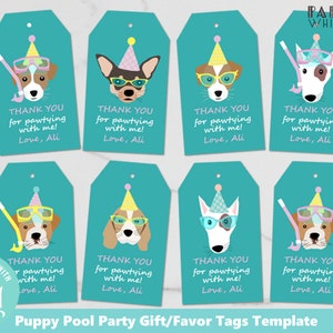 Pode incluir: Oito etiquetas de presente azul turquesa com tema de festa de piscina para cachorrinhos. Cada etiqueta apresenta um cachorro de desenho animado usando um chap&eacute;u de festa e &oacute;culos de nata&ccedil;&atilde;o. O texto em cada etiqueta diz "Obrigado por festejar comigo! Com amor, Ali".
