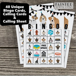 May include: A set of four bingo cards with a dog theme. Each card has a 5x5 grid with images of different dog breeds, accessories, and activities. The cards are printed on white paper with black lines and feature a playful, colorful design.