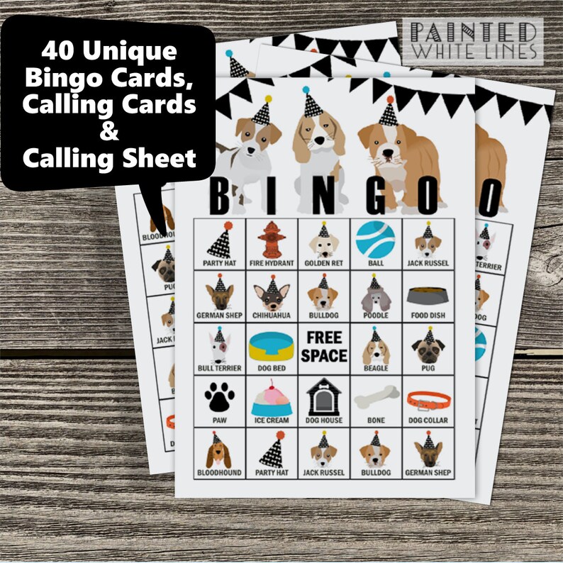 May include: A set of four bingo cards with a dog theme. Each card has a 5x5 grid with images of different dog breeds, accessories, and activities. The cards are printed on white paper with black lines and feature a playful, colorful design.