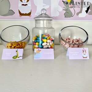 K&ouml;nnte beinhalten: Drei Sch&uuml;sseln mit Snacks und Etiketten. Die Sch&uuml;ssel links enth&auml;lt gelbe und orange Cracker mit der Aufschrift "Snake Eyes". Die mittlere Sch&uuml;ssel enth&auml;lt bunte S&uuml;&szlig;igkeiten mit der Aufschrift "Goldfish". Die Sch&uuml;ssel rechts enth&auml;lt rosa und wei&szlig;es M&uuml;sli mit der Aufschrift "Paw-Berry Chow".