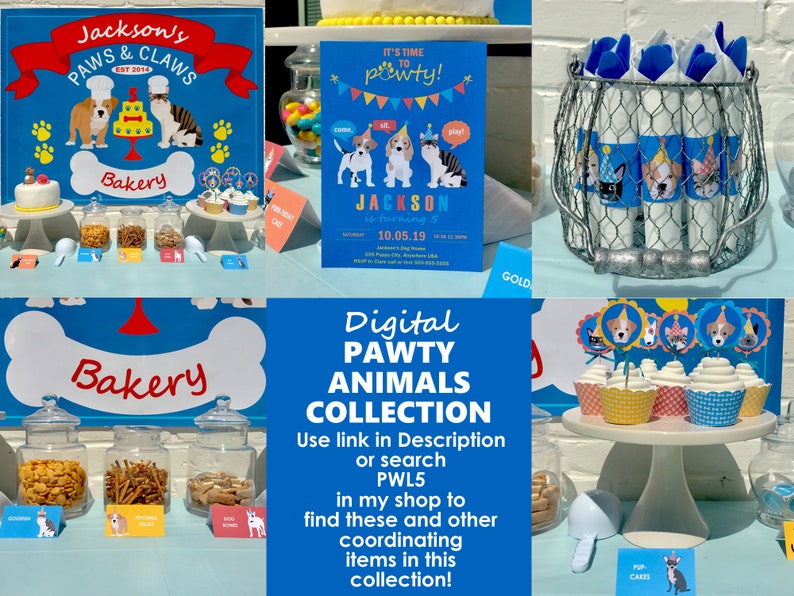 May include: A digital collection of pawty animals for a birthday party. The collection includes a sign that says "Jackson's Paws & Claws Bakery", a party invitation, cupcake toppers, and a basket of favors. The text on the sign says "It's time to pawty! Jackson is turning 5. 10.05.19".