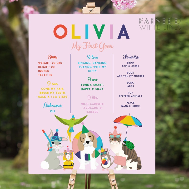 May include: A pink and white printable poster with the name Olivia in colorful letters. The poster includes information about Olivia's first year, including her weight, height, and favorite things. The poster is decorated with colorful illustrations of animals.