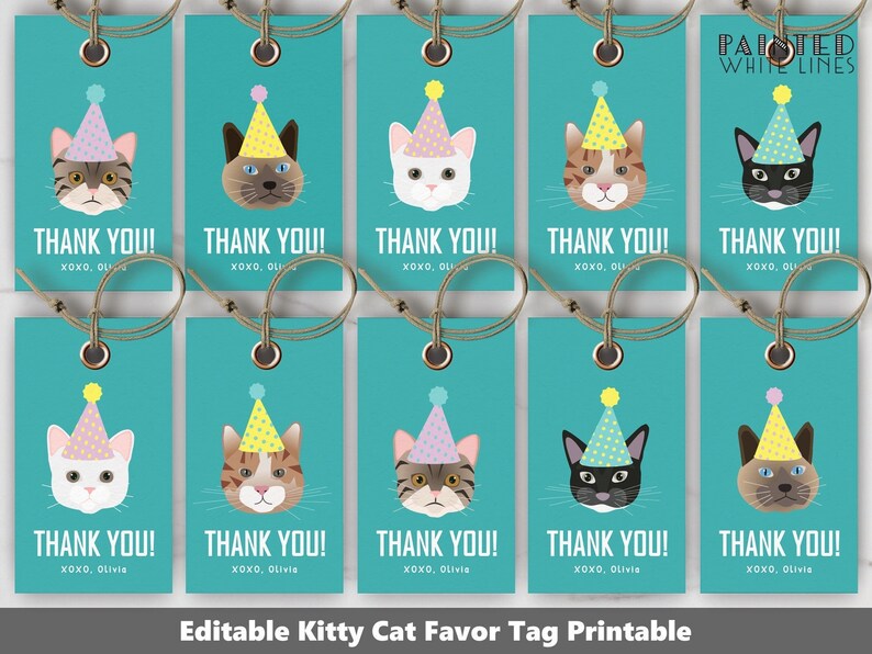 Puede incluir: Diez etiquetas de agradecimiento imprimibles de color azul turquesa con un gatito con un gorro de fiesta. El texto en cada etiqueta dice "&iexcl;Gracias!" con las palabras "XOXO, Olivia" debajo. Las etiquetas est&aacute;n dise&ntilde;adas para una fiesta con tem&aacute;tica de gatitos.