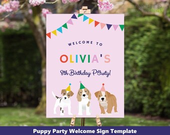 Puede incluir: Un cartel de bienvenida rosa con banderines coloridos en la parte superior. El cartel dice "Bienvenido a Olivia's 8th Birthday Pawty!" y presenta tres perros de dibujos animados con sombreros de fiesta.