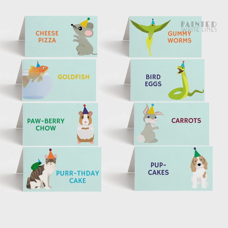 May include: Eight printable food labels with animal illustrations and party hats. The labels include: Cheese Pizza, Goldfish, Paw-Berry Chow, Purr-thday Cake, Bird Eggs, Gummy Worms, Carrots, and Pup-Cakes.