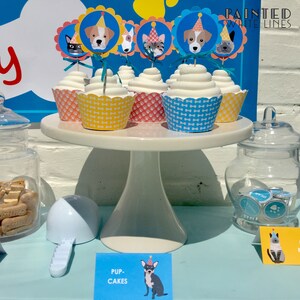 Pu&ograve; includere: Un porta torte bianco con sei cupcake decorati con topper a forma di cane e gatto. I cupcake sono ricoperti di glassa blu, gialla e rosa. Il porta torte &egrave; su una superficie blu chiaro con un cartello che dice "Pup Cakes".