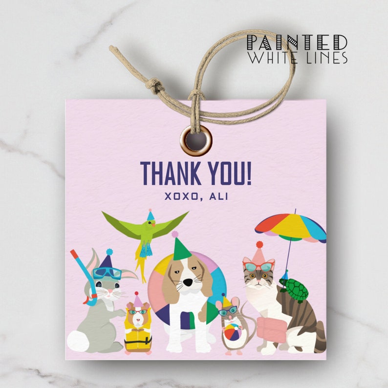 May include: Pink thank you tag featuring a colourful illustration of animals wearing party hats. The animals include a rabbit, a dog, a cat, a turtle, a hamster and a bird. The text on the tag reads "Thank You! XOXO, Ali".