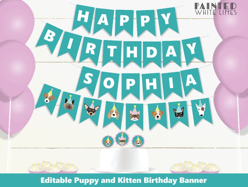 Printable Pet Party Birthday Bunting Banner Girls Birthday Decorations Adopt a Pet Party Supplies Pet Adoption Party Decor Kids PWL4 image 1