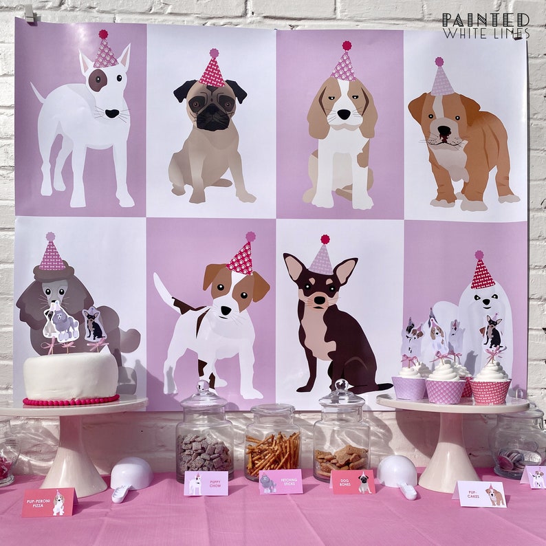 Pink Dog Birthday Backdrop Printable Digital File Banner Dog Party Banner Girls Birthday Party Decor Adopt a Puppy Party Decorations PWL20