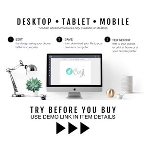 May include: A computer screen displaying a design template with the text "Coril" in a teal blue color. The screen is on a white desk with a lamp, a succulent plant, and a gold-colored decorative object. The text "DESKTOP TABLET MOBILE" is at the top of the image. The text "TRY BEFORE YOU BUY" and "USE DEMO LINK IN ITEM DETAILS" is at the bottom of the image.