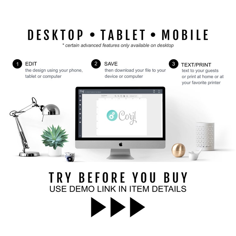 May include: A computer screen displaying a design template with the text "Coril" in a teal blue color. The screen is on a white desk with a lamp, a succulent plant, and a gold-colored decorative object. The text "DESKTOP TABLET MOBILE" is at the top of the image. The text "TRY BEFORE YOU BUY" and "USE DEMO LINK IN ITEM DETAILS" is at the bottom of the image.