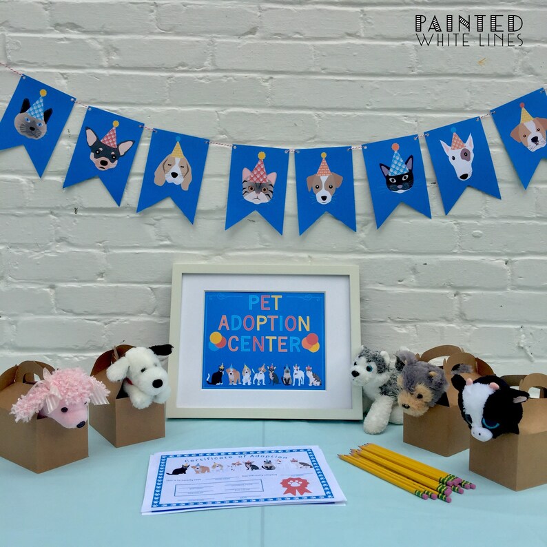 May include: A Pet Adoption Center party setup with a blue and white banner, a sign that says "Pet Adoption Center", and stuffed animal toys in brown boxes.
