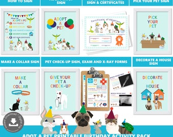 Puede incluir: Paquete de actividades de cumpleaños imprimible para una fiesta de adopción de mascotas. El paquete incluye letreros para "Cómo adoptar una mascota", "Adoptar una mascota", "Elige tu mascota", "Hacer un collar", "Revisión veterinaria", "Decorar una casa", "Letrero del centro de adopción y certificados", y "Formularios de examen y rayos X".