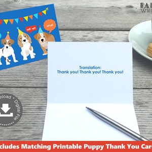 May include: Printable thank you cards featuring three cartoon puppies wearing party hats and holding balloons. The card has a blue background with a banner of colorful flags. The text on the card says "Thank you! Thank you! Thank you!" and "Translation:"