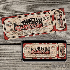 May include: A vintage-style ticket invitation for a Halloween carnival and fun fair. The ticket is red, white, and black with a cartoon image of a clown. The text on the ticket reads "Come one, come all to the Halloween Carnevil and Fun Fair". The event is scheduled for Sunday, October 27th from 4:30 to 7:00 PM. The event is being held at The Smith Haunted House, 555 Main Street. Costumes are encouraged and RSVP is requested to Claire at 555-555-5555.