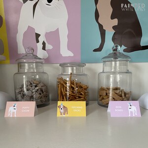 May include: Three glass jars filled with dog treats, labeled "Puppy Chow", "Fetching Sticks", and "Dog Bones". Each jar has a small, colorful card with a cartoon dog wearing a party hat.